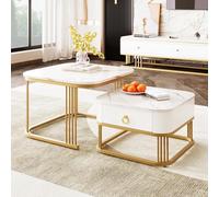 Table Basse empilable : Aspect marbre Brillant et Plateau en Verre, Pieds Noirs, Table d'appoint avec tiroirs en Lot de 2 (White + MDF 1)