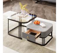 Table Basse empilable : Aspect marbre Brillant et Plateau en Verre, Pieds Noirs, Table d'appoint avec tiroirs en Lot de 2 (Black + MDF)