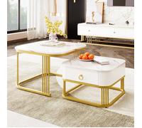 Table basse empilable, Lot de 2 Tables Basses carrée 60/50cm, effet marbre brillant, accents dorés, table D'appoint avec tiroirs