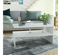 Table basse en bois 90 x 59 x 42 cm, blanc mat, avec deux étagères et poteaux en acier inoxydable, montage facile, idéale pour le salon et le bureau, design moderne