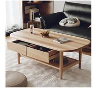 Table Basse en Bois Massif, avec 2 Tiroirs et étagère de Rangement, Table Centrale Ovale Vintage, Table Cocktail d'appartement pour Salon, Arrondie Multifonctionnelle,Natural,Top Drawer