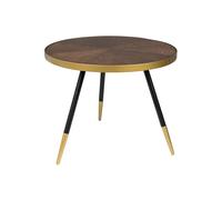 Table basse en bois noyer marron, ronde, plateau noyer, 3 pieds obliques, détails dorés - White Label, Denise - Ø61 cm H40 cm