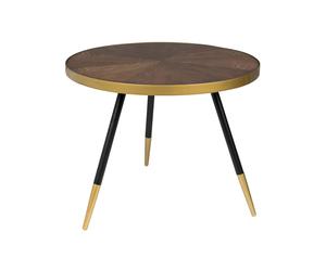 Table basse en bois noyer marron, ronde, plateau noyer, 3 pieds obliques, détails dorés - White Label, Denise - Ø61 cm H40 cm