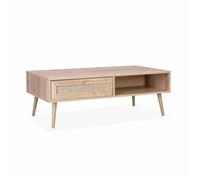 Table basse en cannage 110 x 59 x 39 cm - Bohème - Naturel. 1 tiroir. 1 espace de rangement. pieds scandinaves
