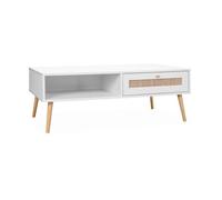Table basse en cannage 110x59x39cm - Bohème - Blanc. 1 tiroir. 1 espace de rangement. pieds scandinaves