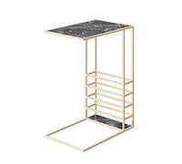 Table basse en marbre moderne en forme de C, table d'appoint en fer forgé doré, bureau pour ordinateur portable, porte-revues, table de chevet pour chambre à coucher (couleur : noir) (blanc) (noir)