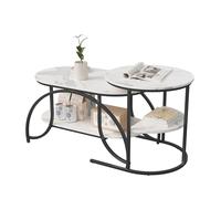 Table Basse en marbre, Table de Salon modulable, Table Ronde avec Espace de Rangement, Table d'appoint avec Pieds réglables, Aspect marbre, Structure en métal, Facile à Monter (Blanc+Noir)