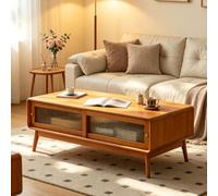 Table Basse en Pin Massif Pur, Style Moderne Milieu de Siècle pour Salon | Table basse rangement caché double porte, roulettes silencieuses pour déplacement facile(Cherry,47.2in)