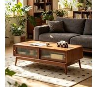 Table Basse en Pin Massif Pur, Style Moderne Milieu de Siècle pour Salon | Table basse rangement caché double porte, roulettes silencieuses pour déplacement facile(Walnut,39.4in)