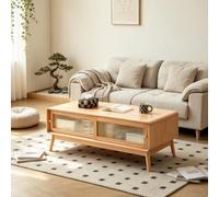 Table Basse en Pin Massif Pur, Style Moderne Milieu de Siècle pour Salon | Table basse rangement caché double porte, roulettes silencieuses pour déplacement facile(Natural,47.2in)