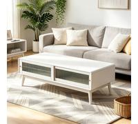 Table Basse en Pin Massif Pur, Style Moderne Milieu de Siècle pour Salon | Table basse rangement caché double porte, roulettes silencieuses pour déplacement facile(White,39.4in)