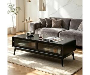 Table Basse en Pin Massif Pur, Style Moderne Milieu de Siècle pour Salon | Table basse rangement caché double porte, roulettes silencieuses pour déplacement facile(Black,55.1in)