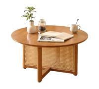 Table basse en rotin fabriquée à la main - Petite table d'appoint ronde en bois avec base en croix pour salon finition cerise 80 x 80 x 40 cm - Élégante et fonctionnelle
