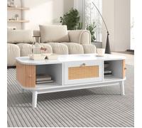 Table basse en rotin tiroir avec rotin et porte coulissante avec lattes en bois massif pieds en bois massif naturel