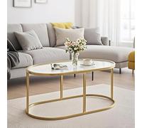 Table basse en verre doré pour salon, table centrale ovale en verre avec plateau en verre nervuré et cadre en métal robuste, table d'appoint moderne en verre pour chambre à coucher, bureau à domicile