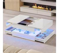 Table Basse Extensible avec LED, Table Basse Salon avec 2 Tiroirs, Table de Salon Moderne avec Plateau Rétractable et Étagères Ouvertes TableBasse Brillante pour Salon, Bureau (Blanc-2, 78x78x43)