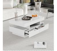 Table basse - finition brillante - avec barre lumineuse LED - quatre tiroirs à l'avant et à l'arrière -blanc