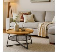 Table basse FLORENCE - plateau chêne naturel, structure noire, détail en rotin synthétique