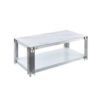 Table Basse FLUTE Rectangle Double Plateau Verre Trempé Marbré Blanc Structure Chrome 120x60x45cm