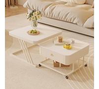 Table Basse Gigogne 2 en 1 Carré Table Basse de Centrale Moderne avec Espace de Rangement et Roues à 360° Empilable Gain de Place Assemblage Facile pour Salon Chambre(Light white,80x45cm+60x40cm)