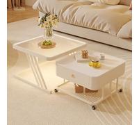 Table Basse Gigogne 2 en 1 Carré Table Basse de Centrale Moderne avec Espace de Rangement et Roues à 360° Empilable Gain de Place Assemblage Facile pour Salon Chambre(Creamy white,60x45+50x40cm)