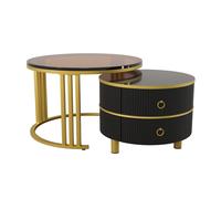 Table basse gigogne 2-en-1 en MDF avec plateau brillant et en verre trempé, combinaison pour salon avec 2 tiroirs, 70x70x45 + 50x50x40 cm, Noir