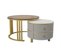 Table basse gigogne 2-en-1 en MDF avec plateau brillant et verre trempé, combinaison pour salon avec 2 tiroirs, 70x70x45 + 50x50x40 cm, Gris