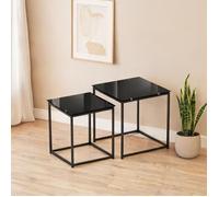Table basse gigogne carrée acier noir verre trempé, lot de 2 empilable, 50x50cm