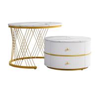 Table basse gigogne en marbre blanc avec 2 tiroirs Design rond moderne Capacité de charge jusqu'à 30 kg 60 x 60 x 45,5 cm et 50 x 50 x 32 cm Finition brillante