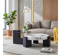 Table Basse Gigogne Lot de 2, Table d'Appoint Ronde avec Plateau Effet Marbre Blanc et Verre Trempé Gris, Pieds en MDF Noir en Forme de L, Design Moderne de Luxe pour Salon et Chambre, Ø61cm & Ø44cm