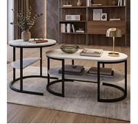 Table Basse Gigogne - Marbre Blanc & Métal Noir - Design Moderne & Gain de Place - 80x46cm + 52cm