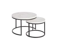 Table basse gigogne MARMOL - Aspect bois finition marbre blanc - Piètement métal noir