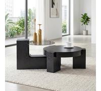 Table Basse Gigogne Ronde, Lot de 2 Tables d'Appoint Salon avec Rangement, Plateau en Verre Gris & Effet Bois Noir, Design Gain de Place pour Petits Espaces, Ensemble Séparable (Ø61cm & Ø44cm)