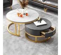 Table Basse gigogne Ronde Moderne en Pierre avec tiroir de Rangement Ensemble de 2 pour Salon Style Cocktail Petite Table d'appoint - 80 cm L x 80 cm l x 43 cm H + 60 cm L x 60 cm l x 38 cm H - Pieds