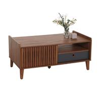 Table Basse Hwc-M48, Table De Salon Table Basse, Manguier Massif 52x114x59cm Aspect Noyer, Tiroir Gris Foncé Multicolore