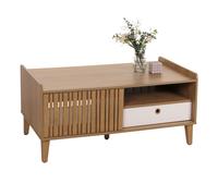 Table basse HWC-M48, table de salon table basse, manguier massif 52x114x59cm naturel, tiroir blanc