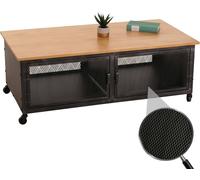 Table Basse HWC-N28, Table de Salon, roulettes 2 Compartiments, Structure 3D Industrielle rétro métal Bois 45x120x60cm - Noir, Naturel