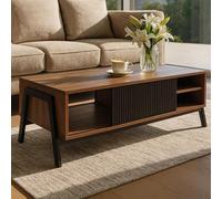 Table Basse HWC-O40, Table de Salon, Table Basse, Compartiments de Rangement, Porte coulissante, MDF, métal, mélamine, 42 x 120 x 60 cm - Naturel