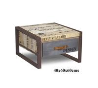 Table Basse Industrielle 60x60cm - Bois Massif de manguier Brut - Fer et Bois imprimé - Factory #127