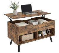Table basse industrielle à plateau relevable HOMCOM, table de salon avec compartiment caché, étagères ouvertes et pieds métalliques, 75 cm, brun rustique