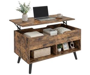 Table basse industrielle à plateau relevable HOMCOM, table de salon avec compartiment caché, étagères ouvertes et pieds métalliques, 75 cm, brun rustique