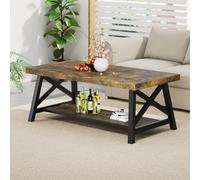 Table Basse Industrielle avec Support, 120 x 60 cm Table de Salon Vintage en Bois Massif, Table Basse Industrielle avec Etagere de Rangement, Gris Fonce, Table a The Design Noyer pour Salon