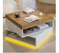 Table basse LED 65x65x40 cm plateau rotatif 360 degrés rangements ouverts USB MDF pour petit espace blanc effet bois