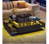 Table Basse LED 70x70cm avec Éclairage RGB - 2 Tiroirs de Rangement et Vitrine Transparente - Surface Brillante Ultra-Lisse