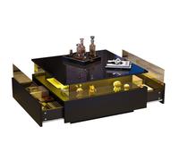 Table Basse LED Avec Vitrine Transparente Et 2 Tiroirs, Plateau Laqué Haute Brillance, Noir