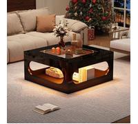Table Basse LED Carrée 70x70x35 cm Table de Salon Noir avec Hublot de Rangement, Plateau Verre Trempé Brillant, Conception creuse