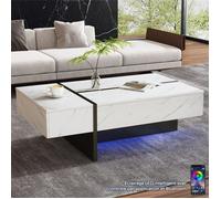 Table Basse LED Contrôlée par APP, Effet Marbre Plateau avec 3 Trois, Moderne Coffee Table Rectangulaire, 105x60x35, Blanc Noir