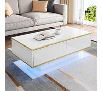 Table basse LED Merax 110x55x40cm avec 3 tiroirs et compartiment ouvert, table basse avec décoration dorée, table de salon avec lumière changeante de couleur, blanc brillant