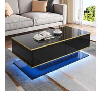 Table basse LED Merax 110x55x40cm avec 4 tiroirs et compartiment ouvert,table basse avec décoration dorée,table de salon avec lumière changeante de couleur,noir brillant