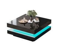 Table Basse LED Multicolore Carrée, Moderne, Plateau Supérieur et Inférieur, Panneaux de Particules, 70x70x36 cm - Noir
